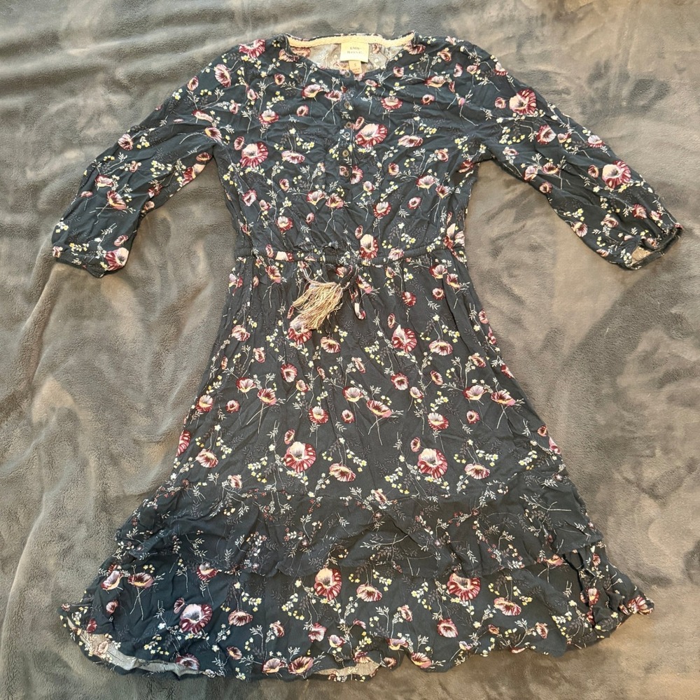 Knox Rose Floral Mini Dress Small Navy Blue Tassel Tiered Ruffle Boho 3/4 Sleeve